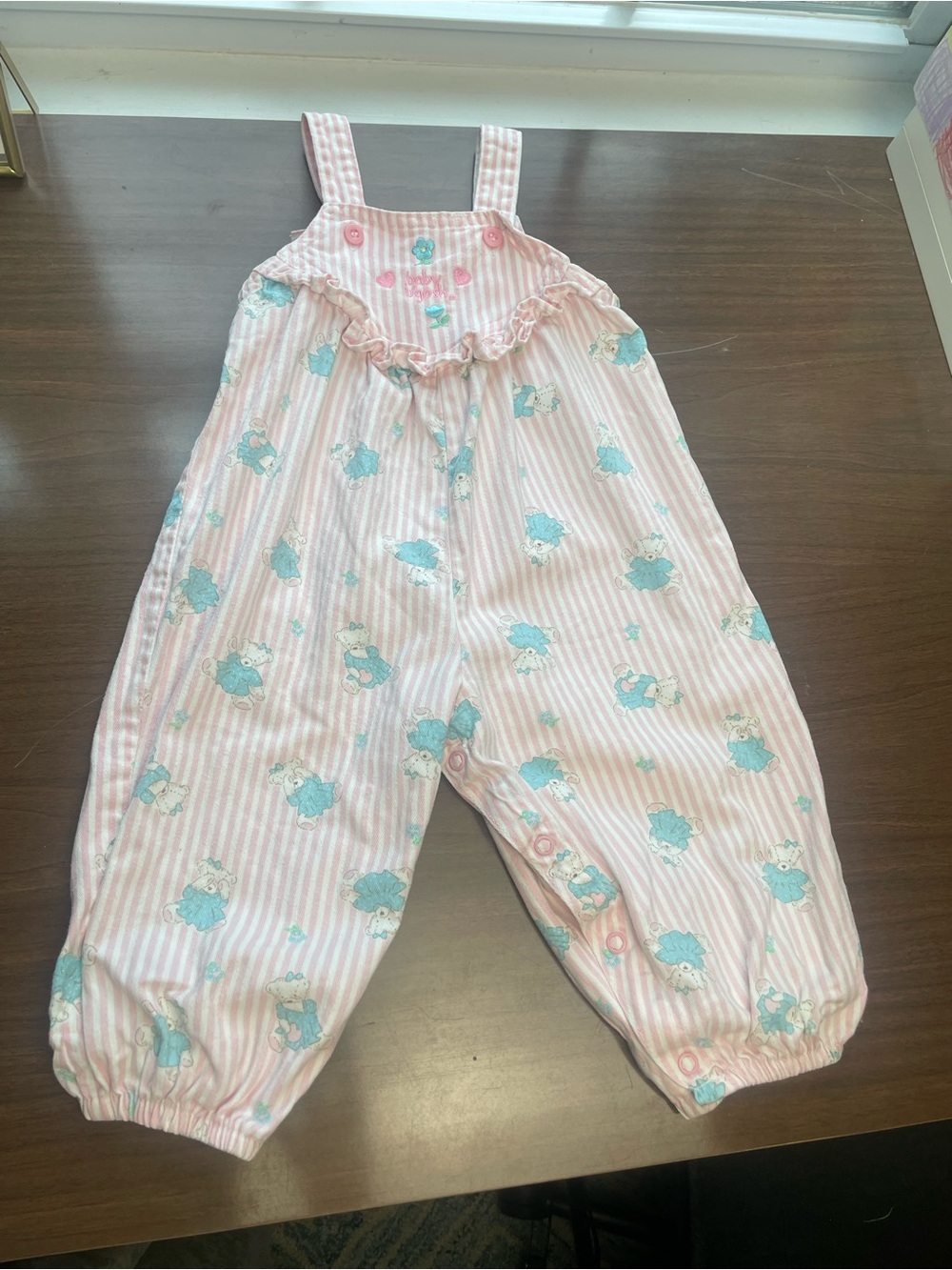Vintage Oshkosh Pink Striped Overalls with Blue Teddy Bear Print